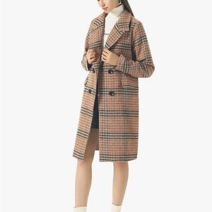 CHARTOU Oversize Lapel Collar Woolen Plaid Double Breasted Long Peacoat SMALL
